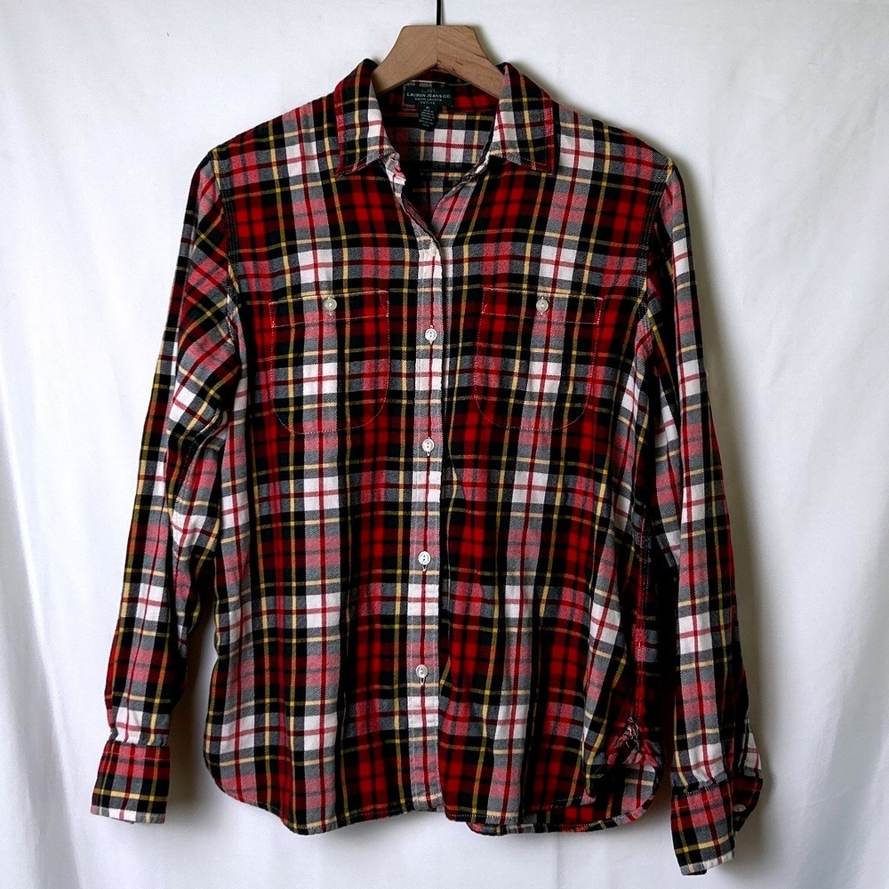 Lauren Ralph Lauren Womens Plaid Roll Tab Flannel Shirt Size PL Red Cabin Cotton